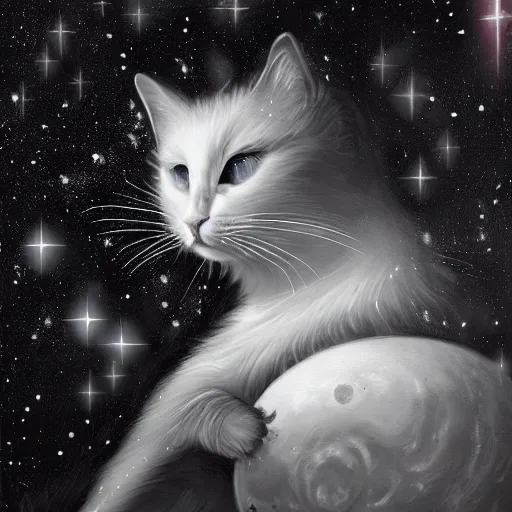 Prompt: a painting of a black and white cat in a cosmic scenic environment by steve argyle, hyperdetailed, beautiful, stars, planets, nebula, trending on artstation