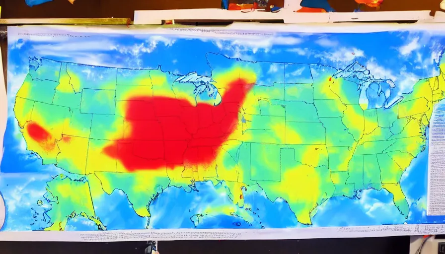 Image similar to kool - aid man as a weather man in front of a weather map