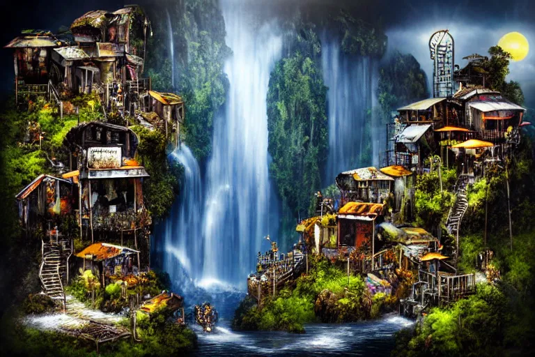 Image similar to gothic waterfall favela honeybee hive, subconscious environment, industrial factory, award winning art, epic dreamlike fantasy landscape, ultra realistic,