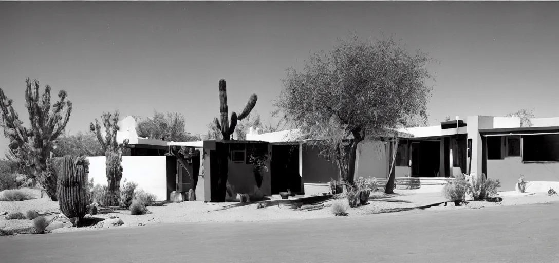 Image similar to single - family craftsman house in desert photographed by stanley kubrick.