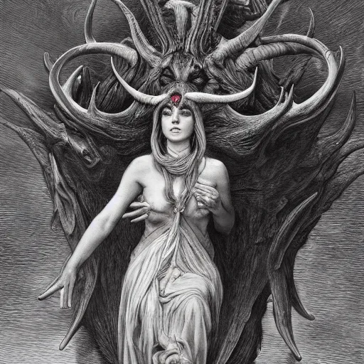 Image similar to a masterpiece! photographic portrait of a scarlet - colored beast with seven ( 7 ) heads and ten ( 1 0 ) horns by gustave dore and stephen hickman and allen williams, trending on artstation, cgsociety, 8 k hd, earthtone colors, a cloaked woman riding the back of the beast