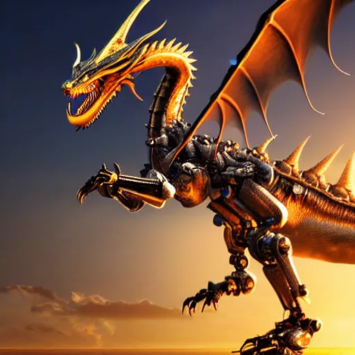 Image similar to epic close up shot, realistic detailed stunning beautiful anthropomorphic robot mechanical female dragon, doing an elegant pose with hand on hip, looking to the side, sleek streamlined armor and design, sharp claws, sleek well designed head, standing on two legs, wearing a hooded cloak that blows in the wind from behind her, on the beach during sunset, high quality, cinematic art, sunset lighting, artstation, deviantart, furaffinity