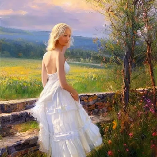 Image similar to mysterious blonde woman in hot dress in the swedish countryside, freedom, scenic, beautiful, masterpiece, highly detailed, painting by vladimir volegov