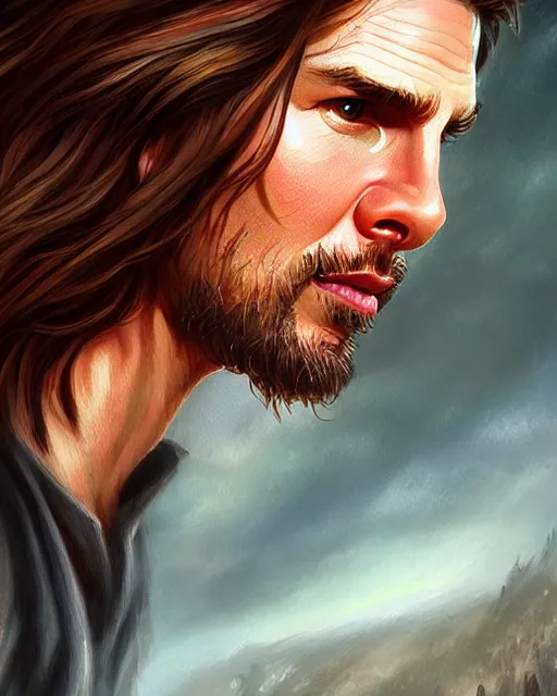 Prompt: tom cruise as jesus, fantasy art, in the style of artgerm, illustration, epic, fantasy, intricate, hyper detailed, artstation, concept art, smooth, sharp focus, ray tracing, vibrant, photorealistic, simon bisley