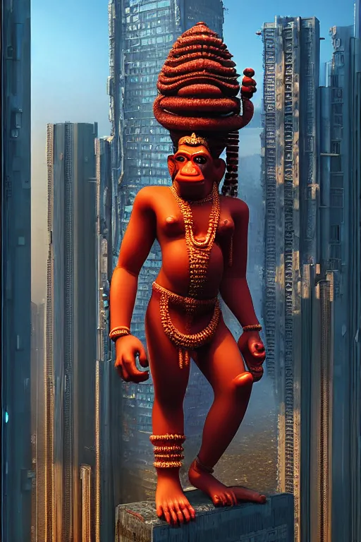 Image similar to high quality 3 d cyberpunk biomorphic hanuman! head building in the middle of mumbai!!, highly detailed, cinematic smooth, stephen shore & john j. park, soft morning light, wide shot, high angle, uhd 8 k, sharp focus