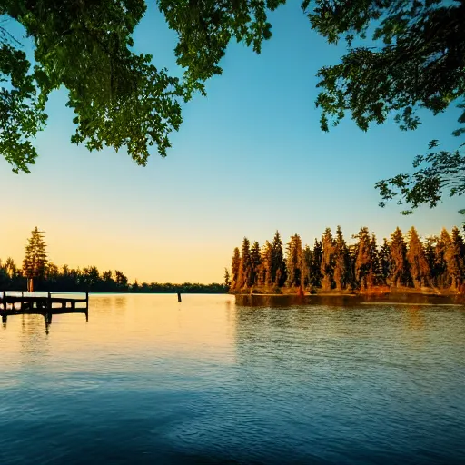 Image similar to a small dock on a quiet green lake, sunset, golden hour, beautiful lighting, peaceful, trees, high quality, high resolution