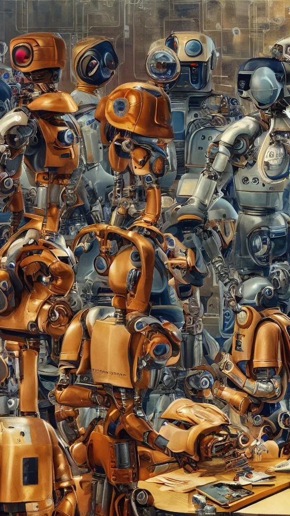 Prompt: the robots revolt, in the style of norman rockwell, hyperrealistic, photorealistic, scifi illustration, 4 k, ultra hd, rendered in unreal engine 5, vibrant color, beautiful color, highly detailed, evil, award winning, computers, technology, futuristic, mechanical, circuits, american, patriotic