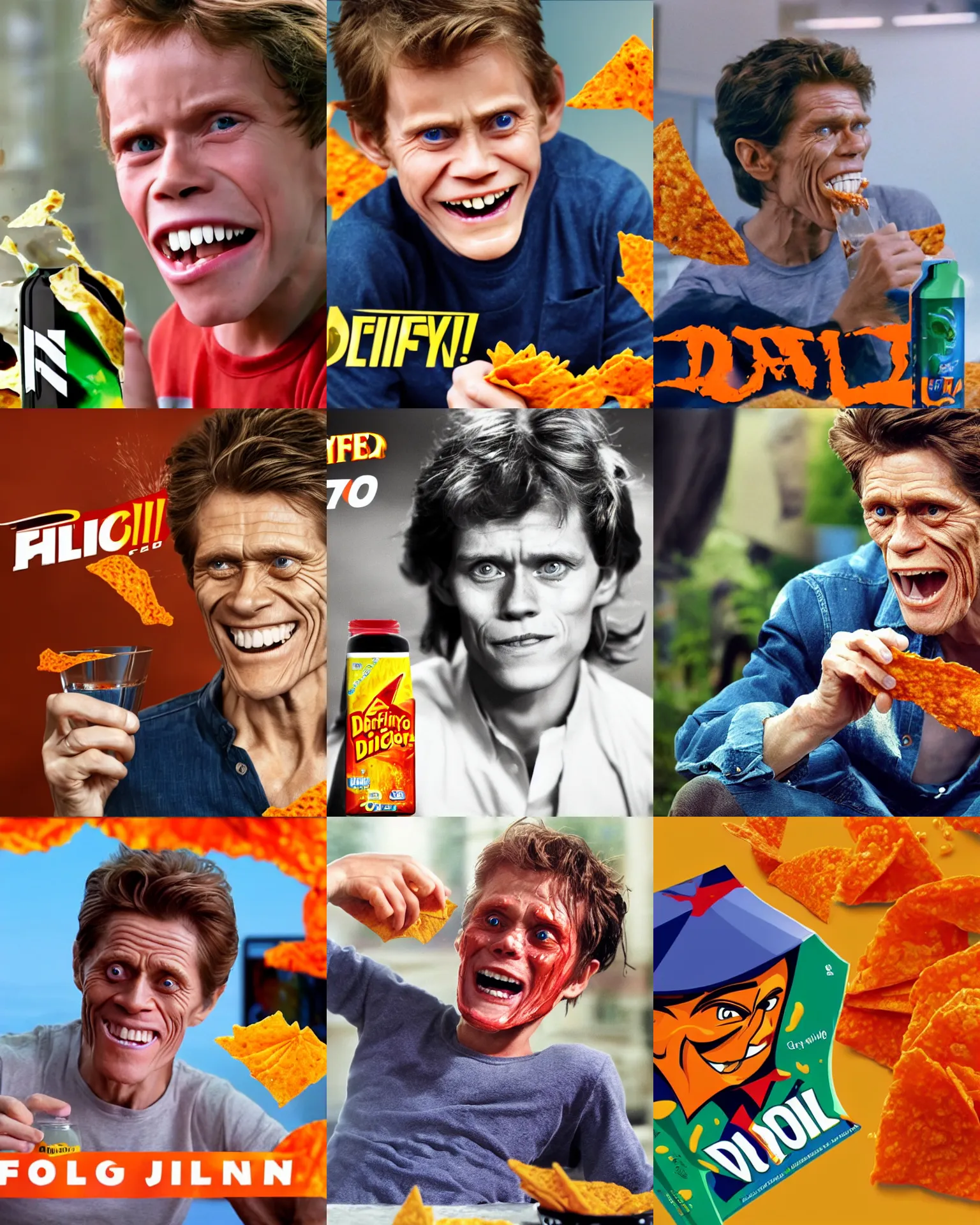 Prompt: young willem dafoe happily drinking dorito juice, spilling juice, wet mouth, 2 0 1 2 viral product advertisement hd, commercial banner, english text