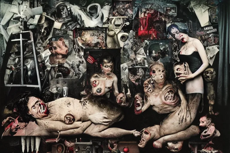 Prompt: full color american nightmare, joel peter witkin photo of 1 9 5 0 s suburban family, meaty capitalist propaganda meets body horror, sweaty patriotic nihilism, annie liebovitz, bosch, disney, gustave dore, pixar