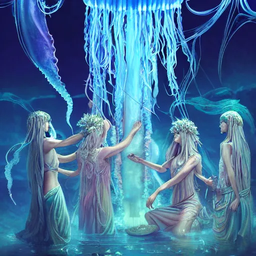 Image similar to A painting of priestesses worshipping at the jellyfish temple, shrouded in mist, jellyfish god, jellyfish priestess, jellyfish shrine maiden 8K, illustration, art by Artgerm and Justin Cheung and Gabriele Dell'Otto, smoke, undersea temple with fish, cinematic, insanely detailed and intricate, hypermaximalist, elegant, super detailed, award-winning, mauve and cinnabar and cyan, rainbow accents, mysterious, ancient, ritual, trending in cgsociety, artstation HQ, ornate, elite, haunting, matte painting, beautiful detailed, insanely intricate details, dreamy and ethereal, otherworldly