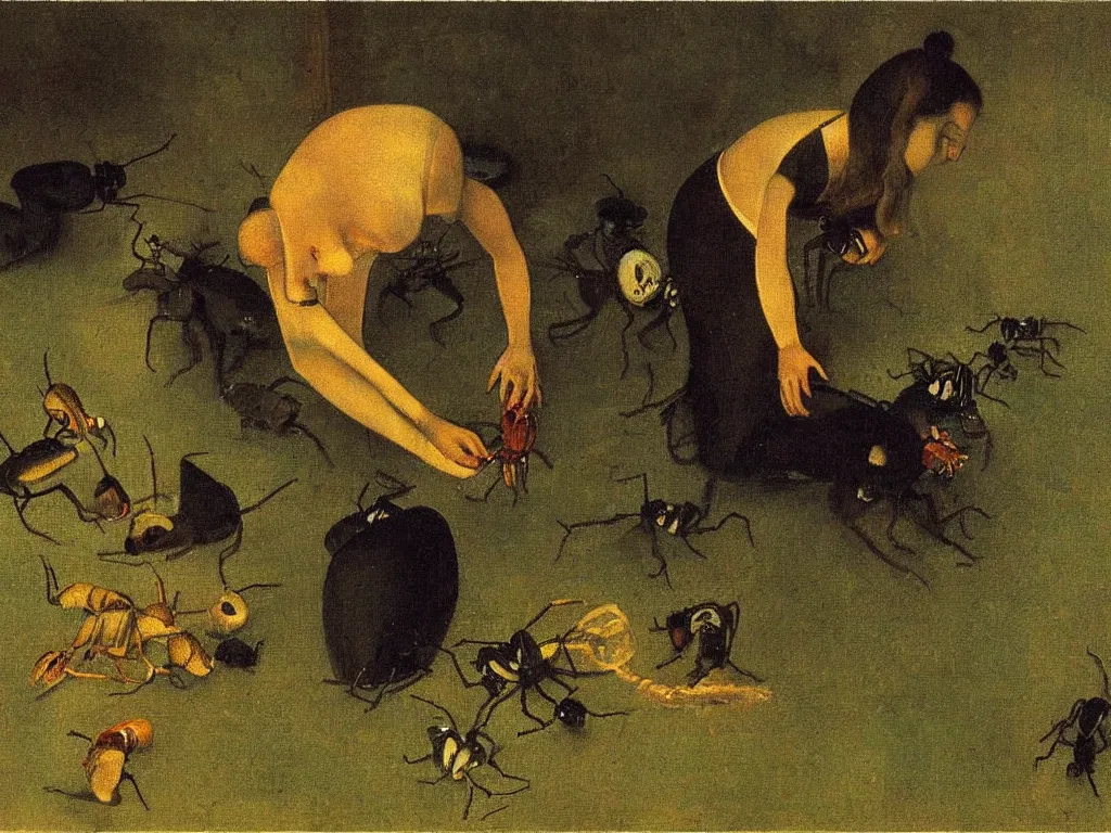 Prompt: Woman collecting strange species of insects for her collection at night. Painting by Balthus