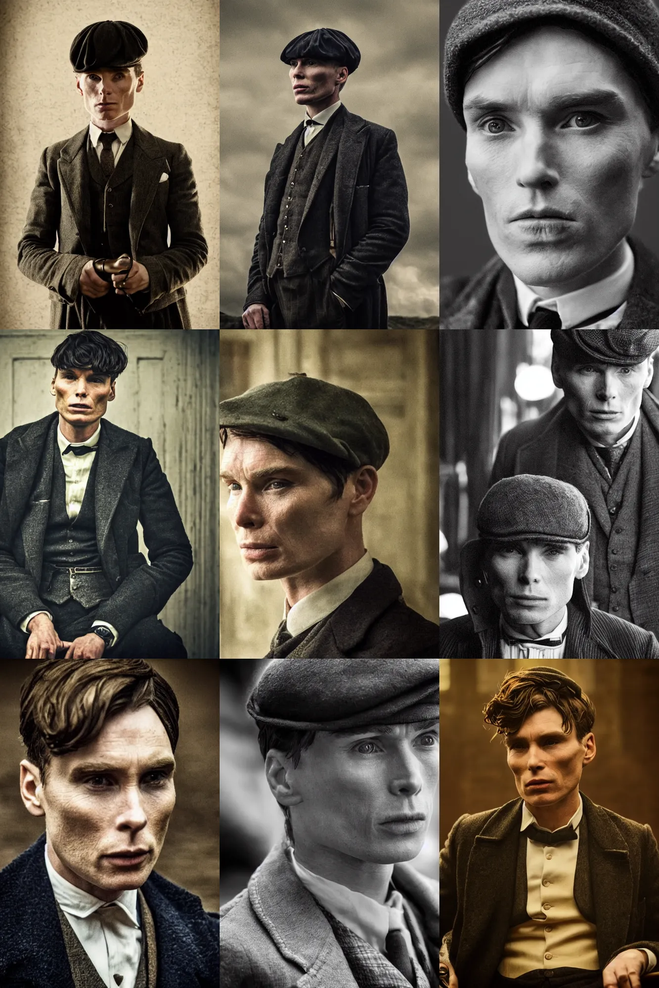 Prompt: portrait Cillian Murphy in Peaky Blinders sitting near to young boy beautiful face, Perfect detailed face, front view dramatic, gloomy, dark, bleak, cheerless, desolate, impressive, tragic, cinematic, dull colours, dark colour scheme, atmospheric by Christopher Nolan