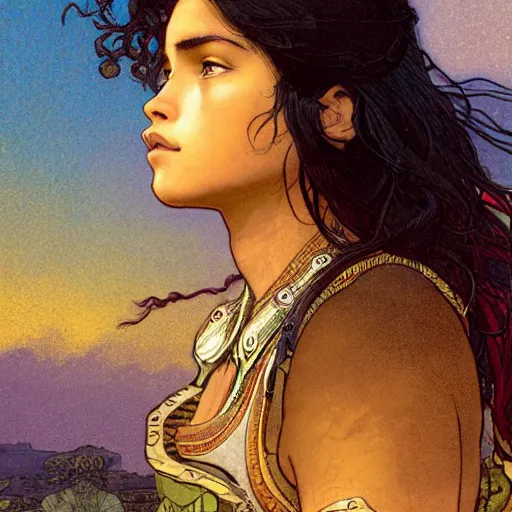 Prompt: a little warrior girl sitting on top of a giant turtle that is walking in the desert, seen from a distance. the girl has dark skin and beautiful green eyes, realistic full body and a very beautiful detailed symmetrical face with long black hair. diffuse light, dramatic sky and landscape, fantasy illustration by mucha