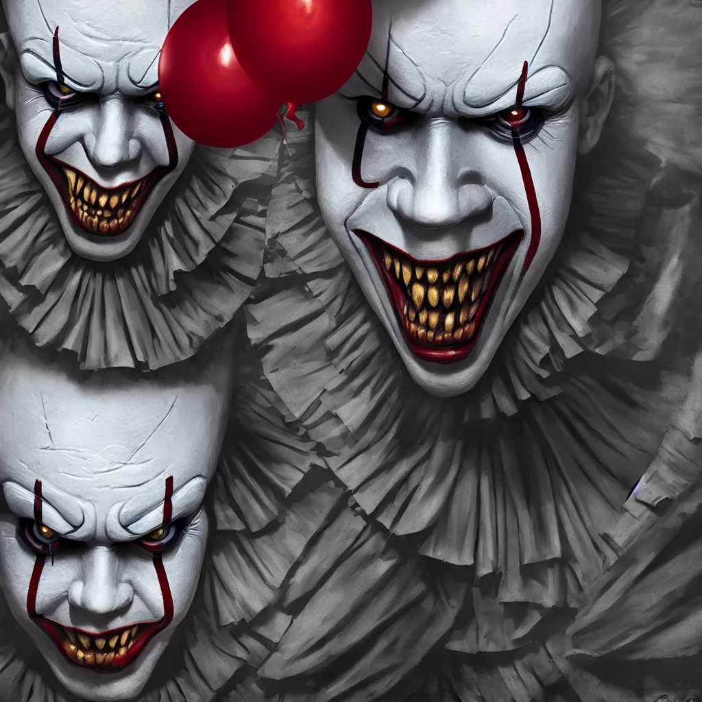 Image similar to symmetry of pennywise mixed with batman from neil gaiman, rpg reference, art by greg rutkowski, artgerm, trending on artstation, octane render, insanely detailed, 8 k, hd