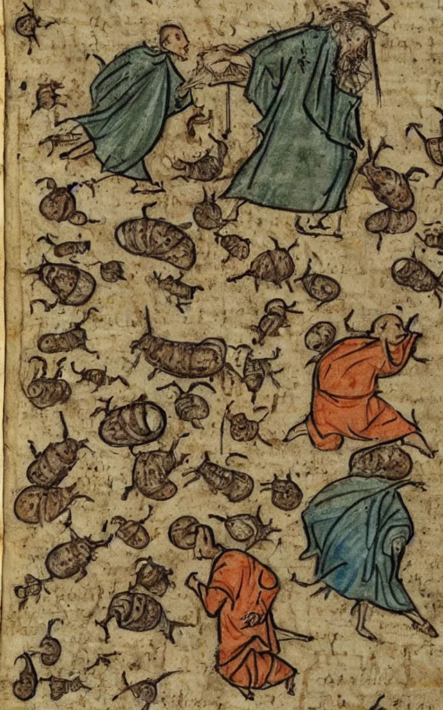 Image similar to snails biting and chasing a poor monk frail manuscript medieval marginalia, masterpiece