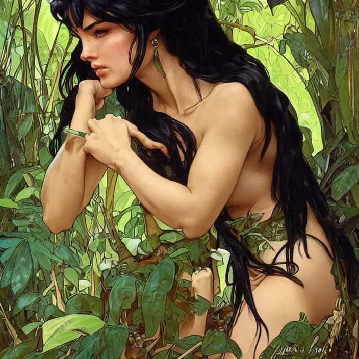 Prompt: portrait of leona with black hair in a jungle by artgerm, greg rutkowski, alphonse mucha