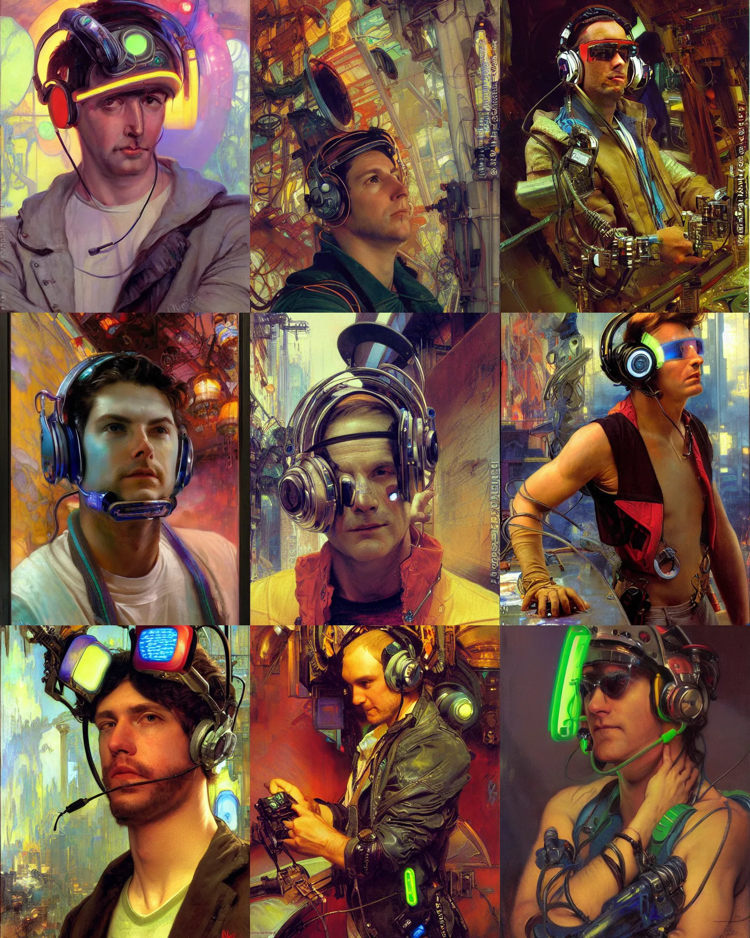 Prompt: cyberpunk male portrait wearing neon visor and headphones painting bydonato giancola, thomas moran, john berkey, j. c. leyendecker, alphonse mucha