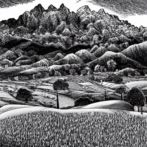 Image similar to Fields and mountains by Kentaro Miura, highly detailed, black and white