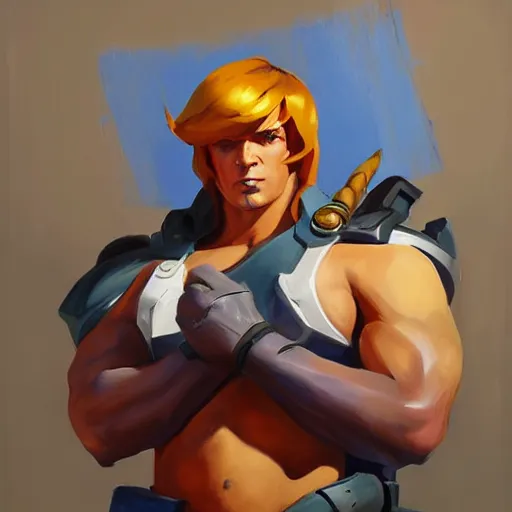 Image similar to greg manchess portrait painting of he - man as overwatch character, medium shot, asymmetrical, profile picture, organic painting, sunny day, matte painting, bold shapes, hard edges, street art, trending on artstation, by huang guangjian and gil elvgren and sachin teng