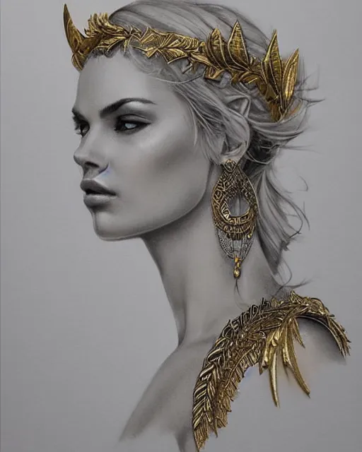 Image similar to tattoo design sketch of hot blonde super model as aphrodite greek goddess wearing a gold laurel wreath and triangle earrings, beautiful piercing gaze with sharp pupils, in the style of greg rutkowski, fantasy, amazing detail, epic, elegant, smooth, sharp focus, front view