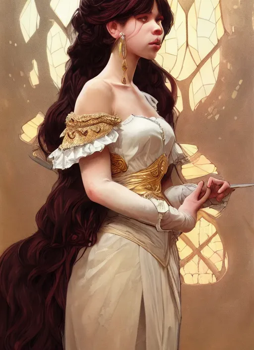 Prompt: portrait of a full body of young beautiful female princess, d & d, baroque dress, elegant, flat lighting, intricate, highly detailed, digital painting, artstation, concept art, smooth, sharp focus, illustration, misa amane, art by simon bisley and greg rutkowski and alphonse mucha, natural tpose