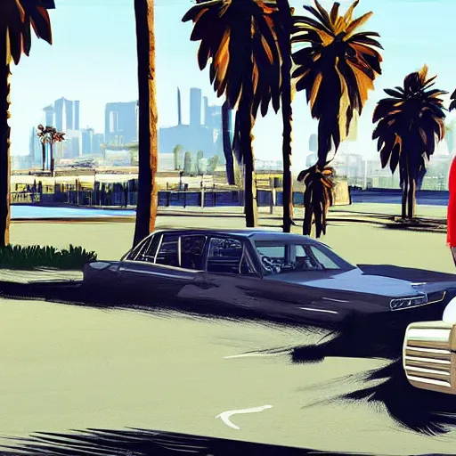 Prompt: cate blanchett in GTA v. Los Santos in the background, palm trees. In the art style of Stephen Bliss.