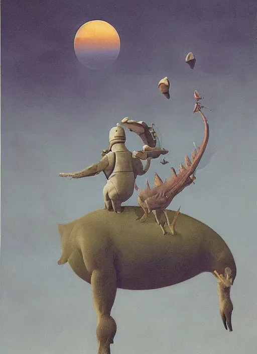 Image similar to a deer horned astronaut stands atop a melting dinosaur on the moon, Edward Hopper and James Gilleard, Zdzislaw Beksinski, Mark Ryden, Wolfgang Lettl highly detailed, hints of Yayoi Kasuma, Odilon Redon. Drexler