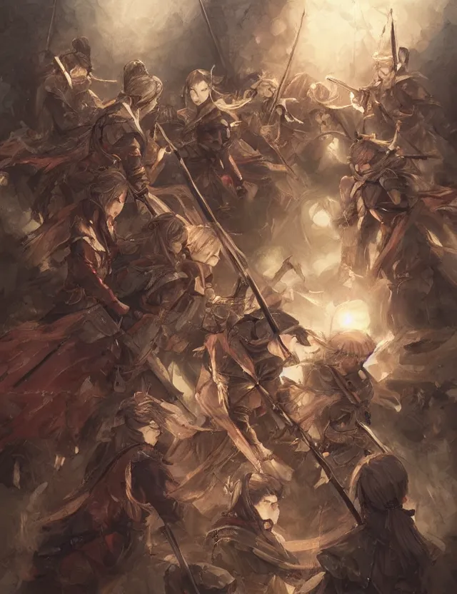 Prompt: the order of sisters of war. this oil painting by the award - winning mangaka has cinematic lighting, a contrasting color scheme and intricate details.