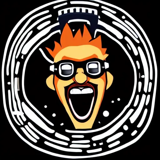 Image similar to svg vector sticker of absolutely insane-mad-scientist-villain, rocking out, wearing headphones, huge speakers, dancing, rave, DJ, spinning records, digital art, amazing composition, rule-of-thirds, award-winning, trending on artstation, featured on deviantart