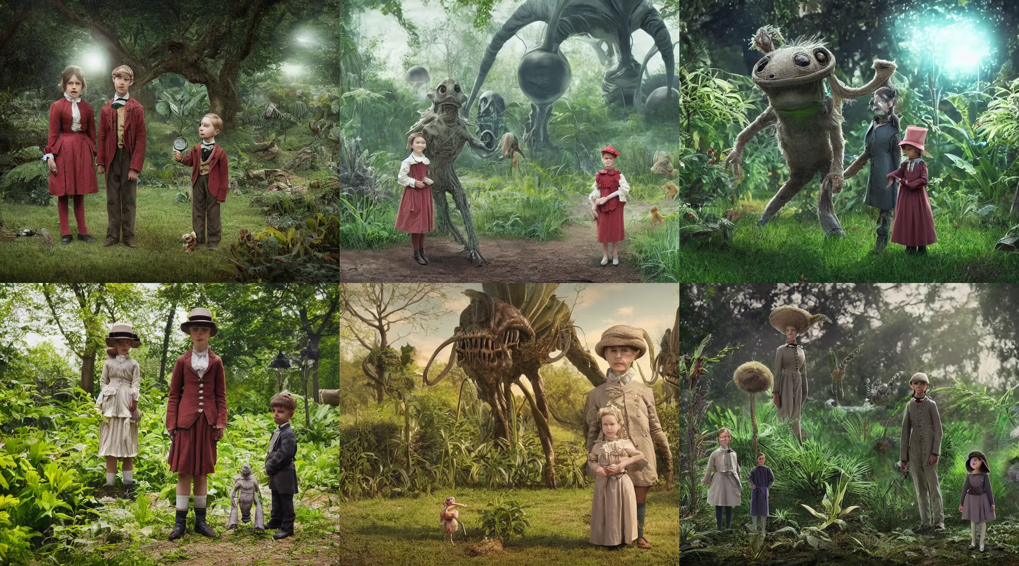 Prompt: detailed, sharp, a girl and a boy standing next to some strange wild alien plants, wearing 1860s era clothes, their small pet tiny alien creature is standing nearby, in a park on a strange alien planet, hyperrealism, award winning photograph, 4k, cinematic lighting