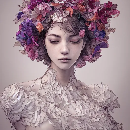 Image similar to the portrait of an absurdly beautiful, graceful, elegant mature young woman made of petals looking up, an ultrafine detailed illustration by kim jung gi, irakli nadar, intricate linework, bright colors, octopath traveler, final fantasy, angular, unreal engine 5 highly rendered, global illumination, radiant light, detailed and intricate environment