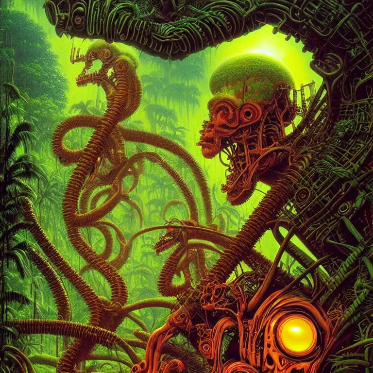 Image similar to mysterious biomechanical big head crashed in dense humid jungle, infinite psychic waves, synthwave, bright neon colors, highly detailed, cinematic, tim white, vladimir kush, philippe druillet, roger dean, bob eggleton, michael whelan, boris vallejo, alfred kelsner, kubrick, jaroslaw jasnikowski