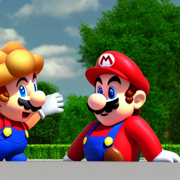 Image similar to mario and princess peach finally settle down and buy a home, 3 d render