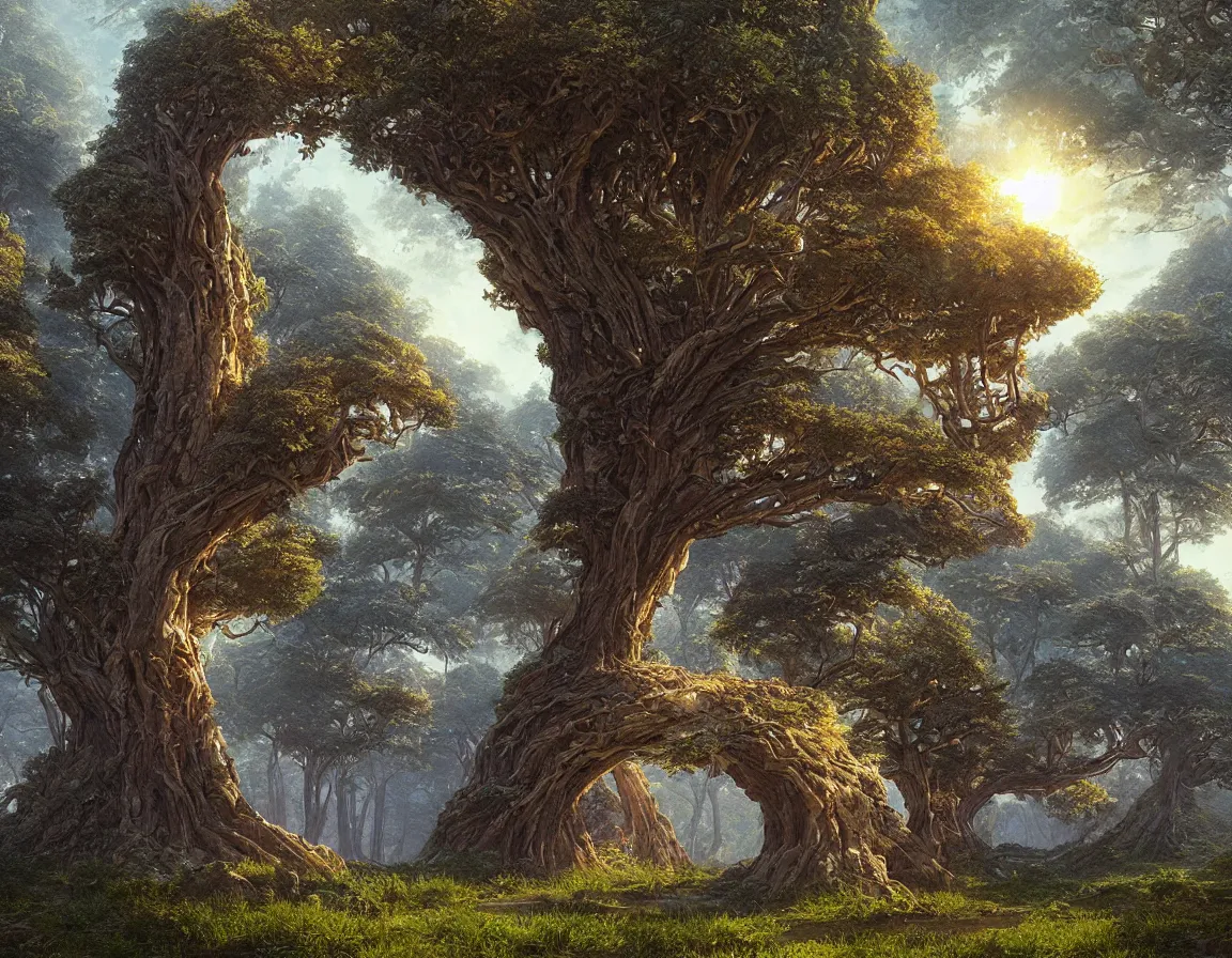 Image similar to hyper realistic 3 d rendering of prehistoric silicon tree, hd, hdr, by moebius and john howe and albert bierstadt and alena aenami, ultra detailed, high resolution