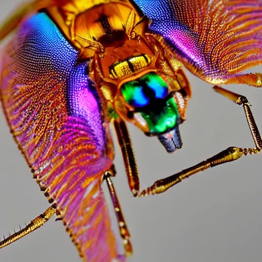 Prompt: new species of impossibly complex rainbow colored insect with fractal legs and gold filigree carapace, National Geographic, HD macro photography, award winning photo, 8K HD