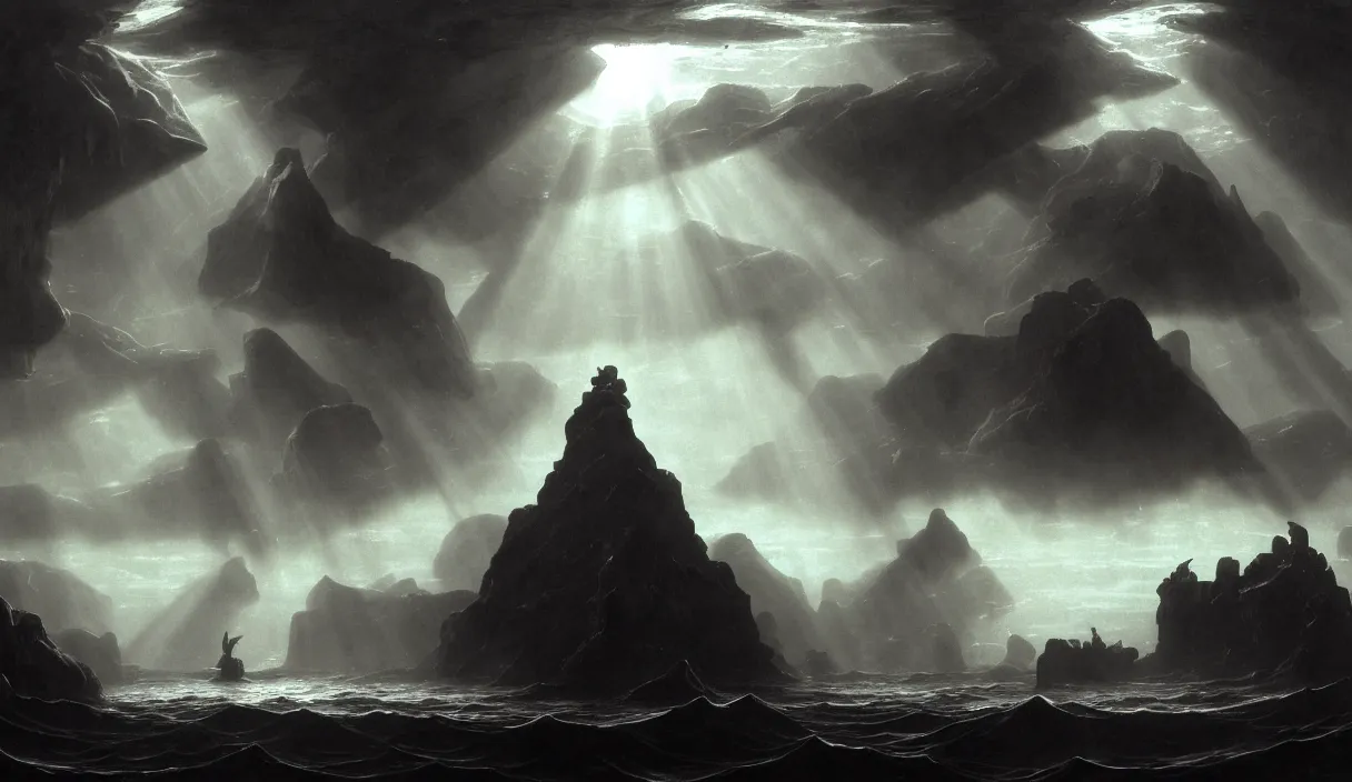 Image similar to low ultrawide shot, dark, underwater men statues, submerged pre - incan temple with carvings, abyss, stylized, anime style mixed with fujifilm, detailed gouache paintings, crepuscular rays, dark, murky, foggy, atmospheric, nicola samori, albert bierstadt, frederic edwin church, beksinski, wayne barlowe's inferno