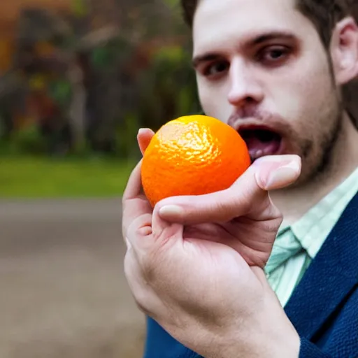 Image similar to a photo of a suprised holding an orange, the man's face can be seen in the photo, his eyes are more open, looking at the viewer, his mouth is open, he is holding the orange in his hand.