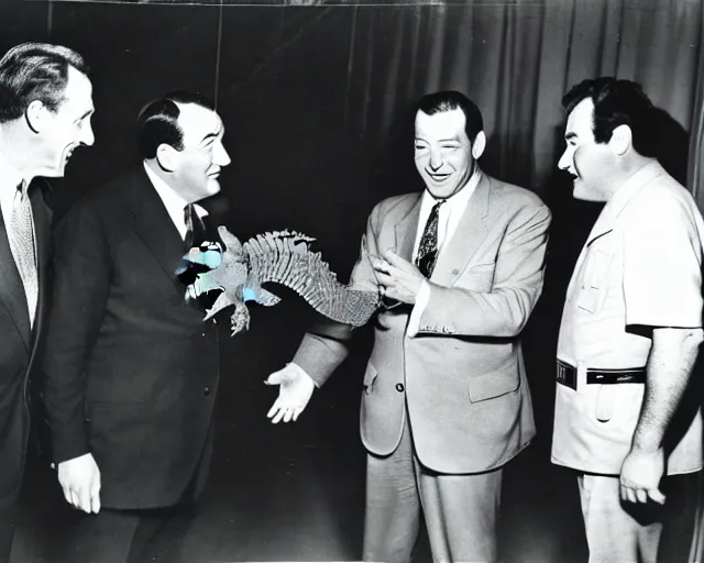 Image similar to a photograph of Abbott and Costello meeting Godzilla