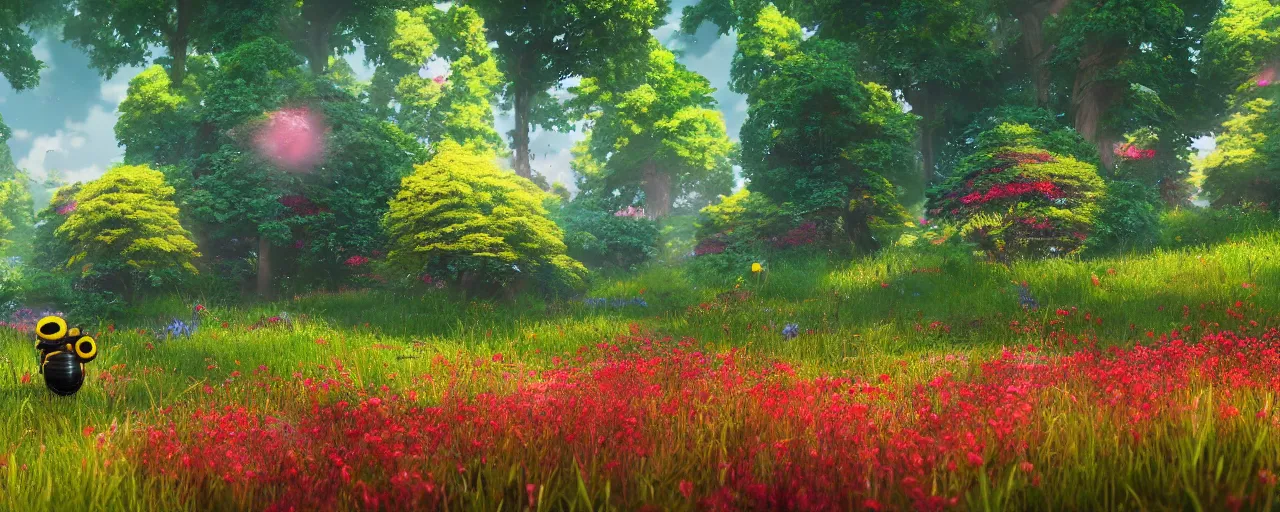 Image similar to a beautiful forest meadow landscape with large bee between flowers, crimson - black beehive, happy trees, photorealistic, octane render, rtx, hdr, unreal engine, digital art widescreen 8 k in the style of studio ghibli and bob ross and pixar and bee movie