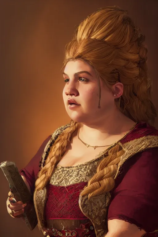 Prompt: Portrait | chubby female dwarven noblewoman | elaborated brocade burgundy dress | complex adorned golden braided hair | style by greg rutkowski, wayne reynolds, giotto dramatic light | high detail | cinematic lighting | artstation | Regal and Proud fat woman| bold serious expression | dungeons and dragons |