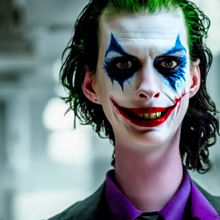 Image similar to anne hathaway as the joker, movie still, 8 k, hdr, atmospheric lighting