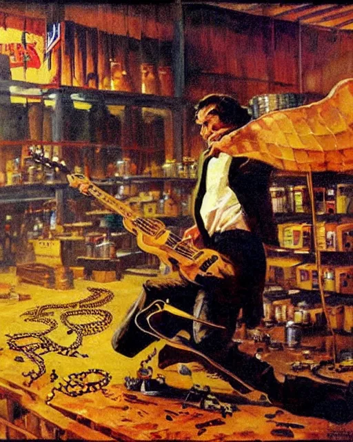 Prompt: Snake Oil salesman shredding on a Gibson Les Paul in a snake oil warehouse, snakes and oil everywhere, painting by Frank Frazetta