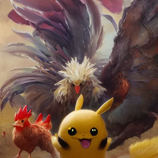 Image similar to expressive oil painting of ( ( ( rooster ) ) ) pikachu chimera, by jean - baptiste monge, octane render by yoshitaka amano, by greg rutkowski, by jeremyg lipkinng, by artgerm