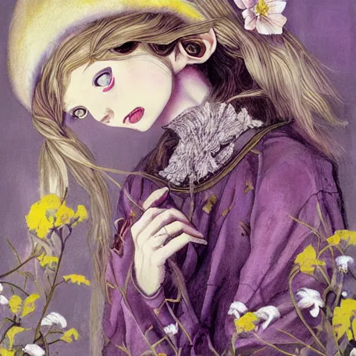 Image similar to little elf girl, grunge outfit, soft hair. light color palate, purple, yellow and white. detailed soft painting, ayami kojima, made in abyss, anatomically correct, inspired in balthus, high detailed face anime, vogue magazine, glorious composition