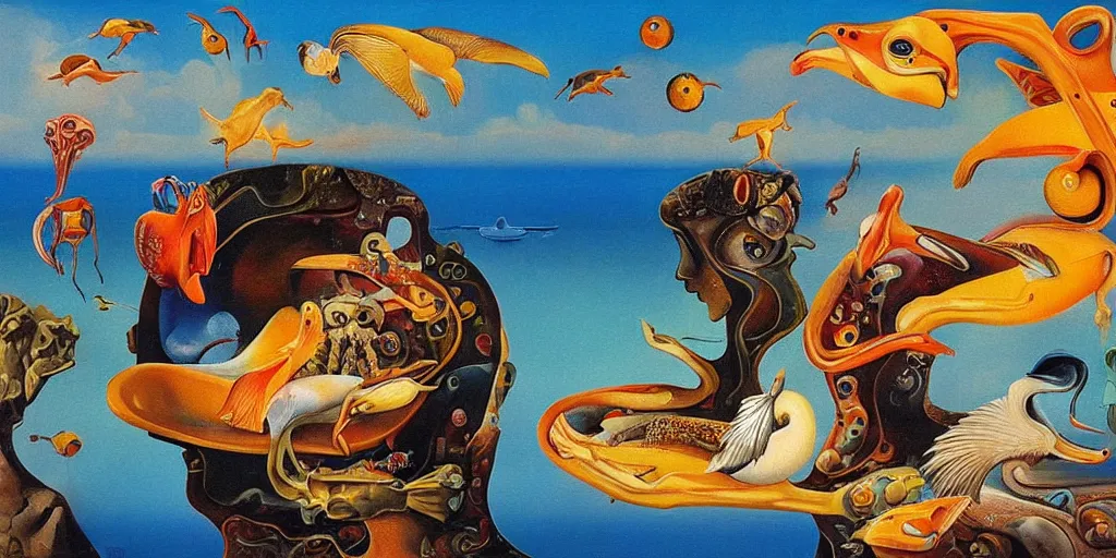 Prompt: a beautiful abstract with goldfish, pelicans and a human couple in an alien landscape by salvador dali and gerald brom