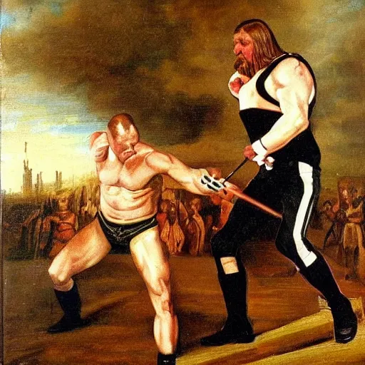 Prompt: vince mcmahon & triple h in the ring, painted by the old dutch masters,