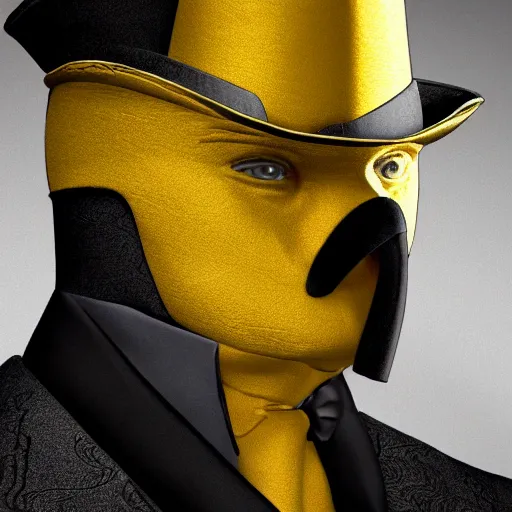 Image similar to a highly detailed portrait of a man in a high top hat covering his face, in a black tailcoat with a yellow waistcoat under the tailcoat, artstation, deviantart, professional, unreal engine 5, photorealistic