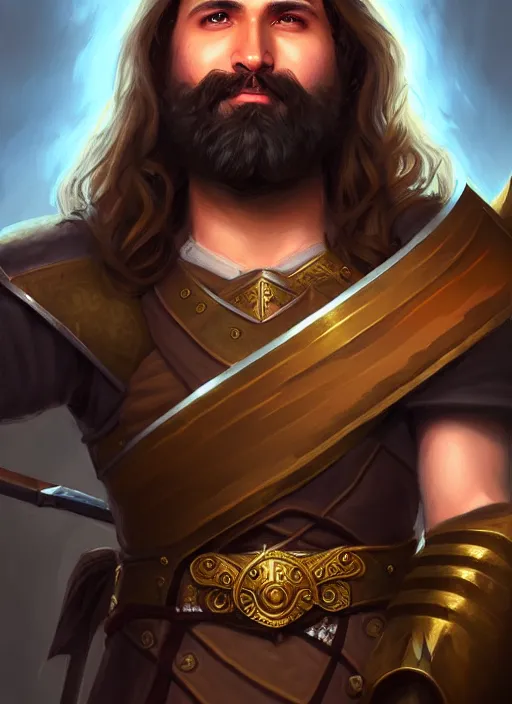 Image similar to a _ fantasy _ style _ portrait _ painting _ of esfandtv big light brown male holy paladin with long wavy brown hair and beard, hammer weapon, rpg dnd oil _ painting _ unreal _ 5 _ daz. _ rpg _ portrait _ extremely _ detailed _ artgerm _ greg _ rutkowski _ greg