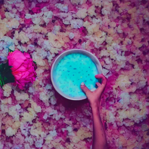 Image similar to guy, flower crown, milk bath photography, aerial view, close up, faded!, 9 0 s vibe, vaporwave colors,