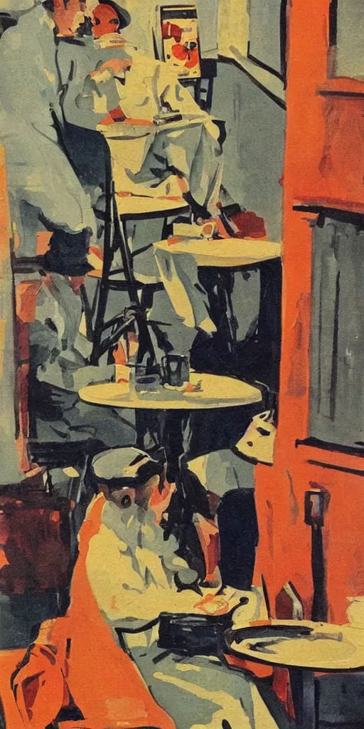 Prompt: A 1950’s poster of a a French artist painting plein air at a coffee shop on street in Paris in art deco style